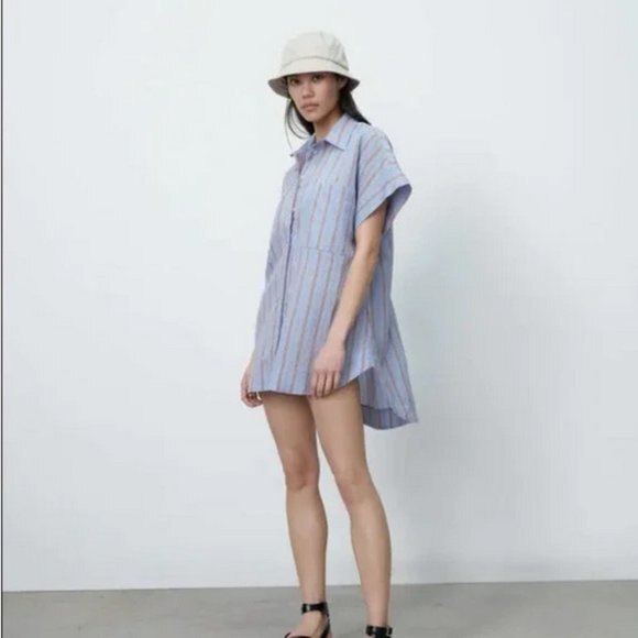 Striped Zara Button Front High Low Short Sleeve Oversized Shirtdress (NWT) - Picture 2 of 6